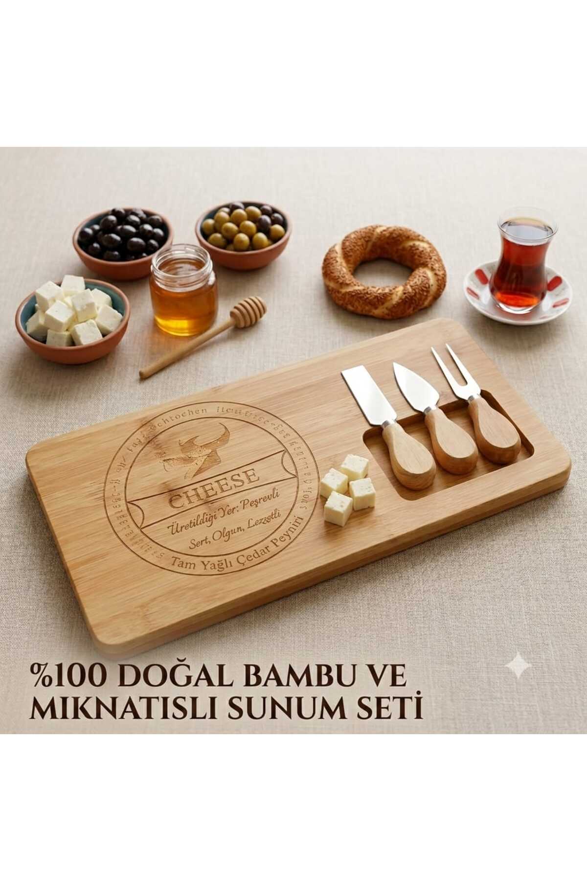 Bamboo Cheese Serving Plate with 3 Knives and Forks Magnets