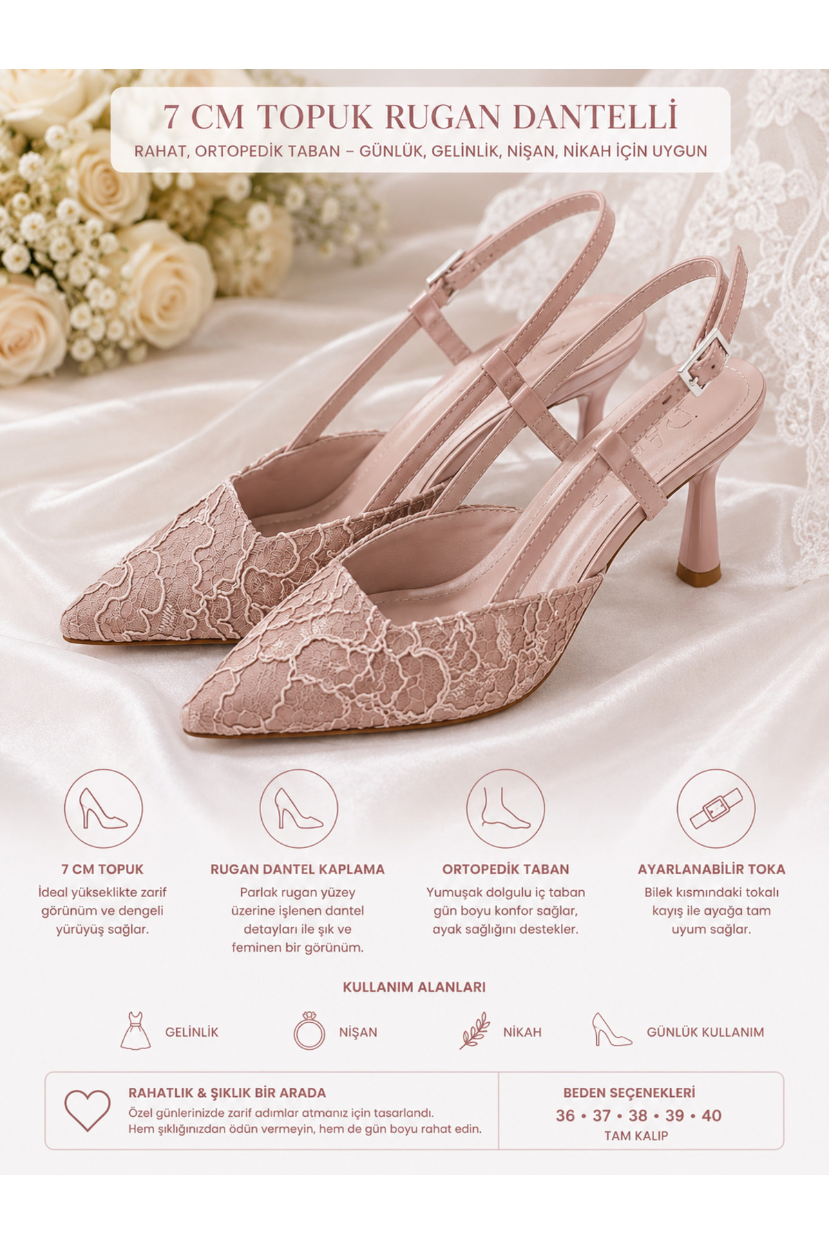 Lebibe Shoes LISA Kadın Pudra Sivri Burun 7 cm Topuklu Çiçek Dantel Desenli Rugan Slingback Ayakkabı