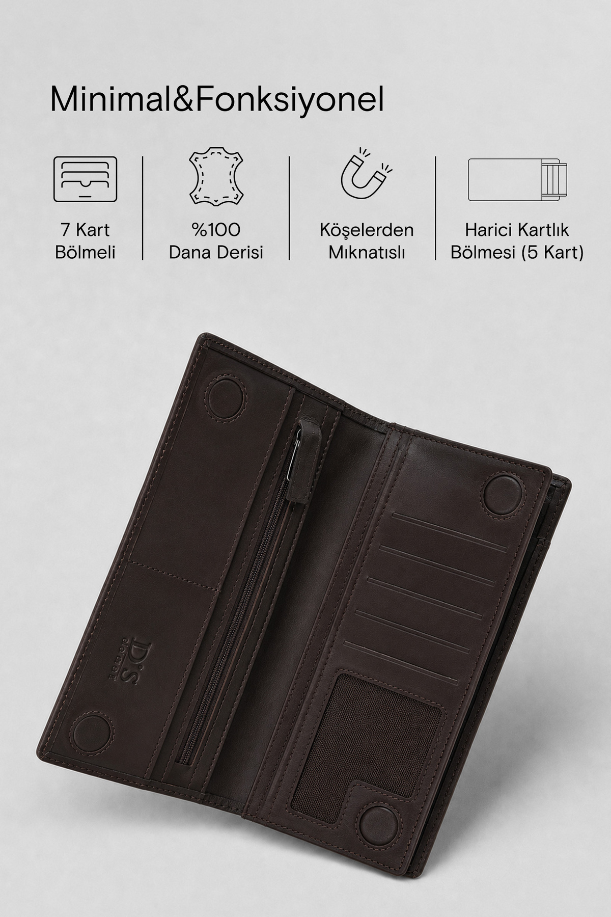 کیف پول بلند Ds Damat قهوه‌ای با بخش مخصوص تلفن از 100% چرم طبیعی