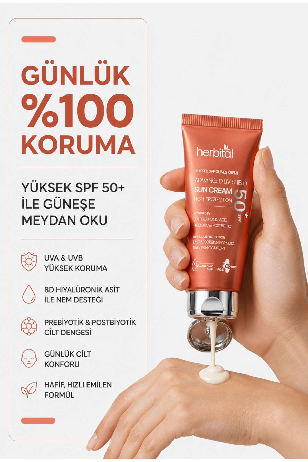 SPF 50+ Güneş Kremi Leke Karşıtı ve Beyaz İz Bırakmayan – 8D Hyaluronik Asitli — HBL-0005 — تصویر 3 از 7