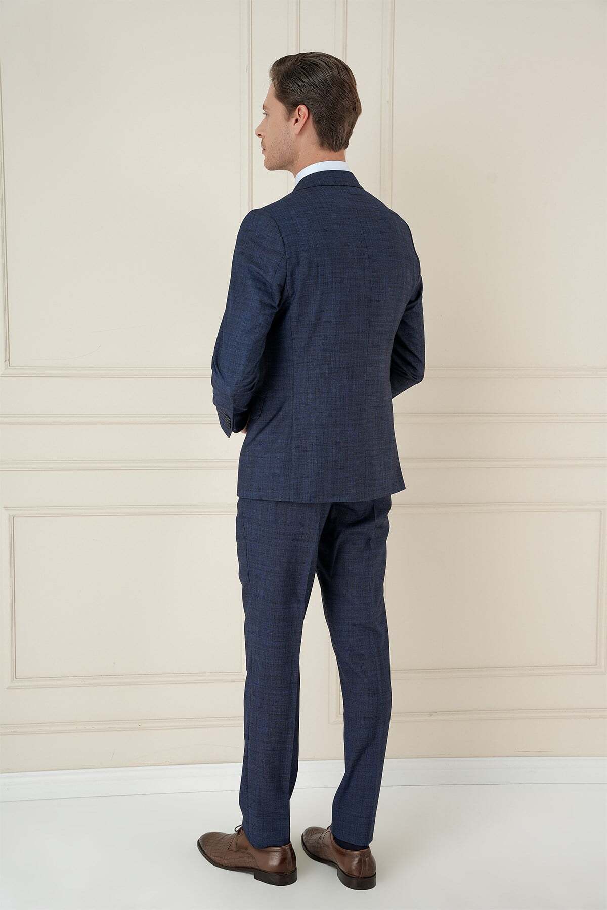 Efor Slim Fit Kırçıllı Dokuma Yünlü Lacivert Yelekli Takım Elbise TK 906 görsel 3