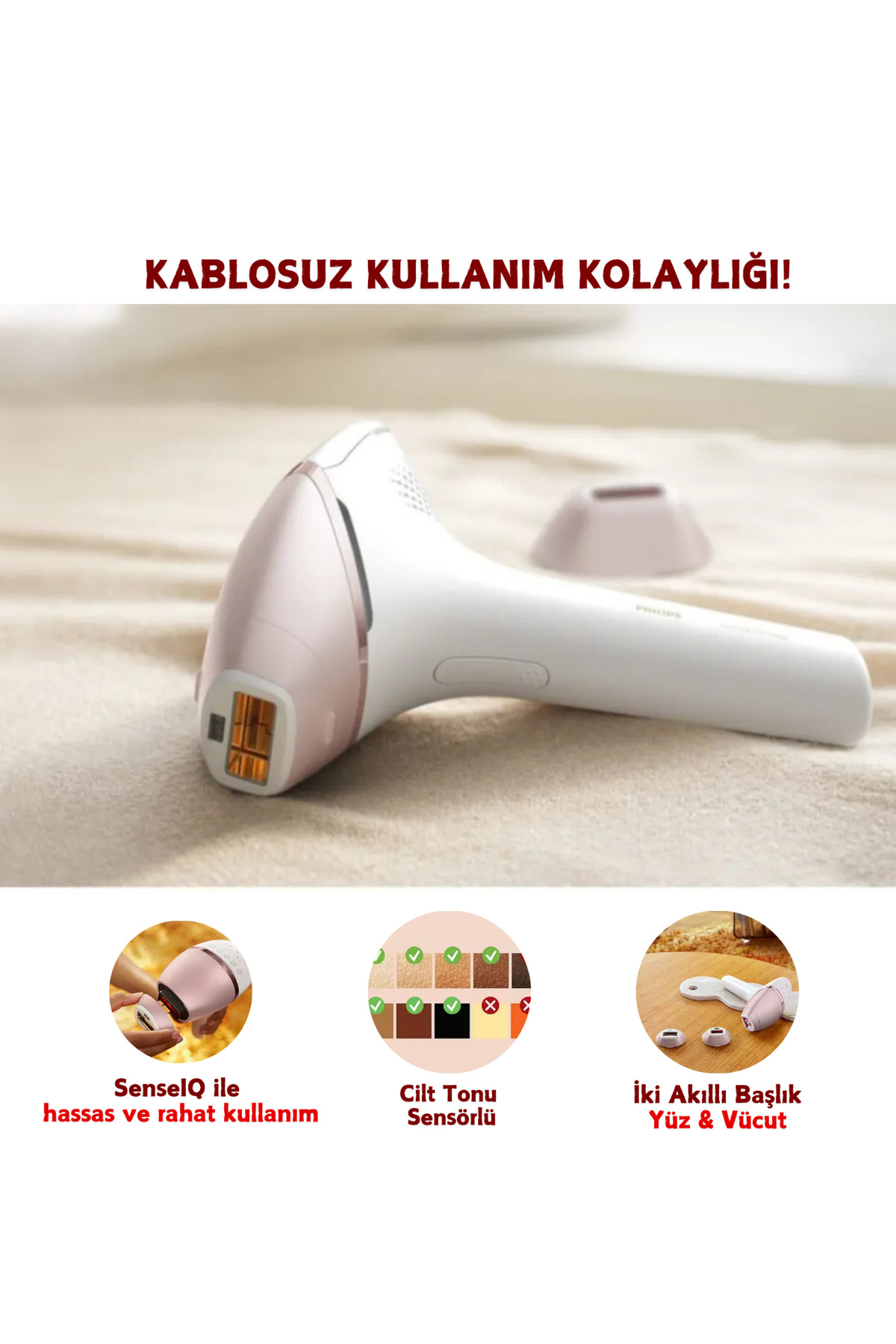 Premium Yüz & Vücut Epilasyon Cihazı - Cilt Tonu Sensörlü, Kablosuz Kullanım Kolaylığı — صورتی 209202928287