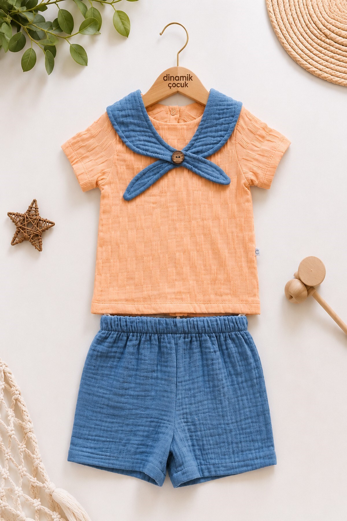 Collar Detailed Muslin Shorts Style Reverse 2pcs Baby Boy Set Cotton+Muslin 6-9-12-18-24 months old