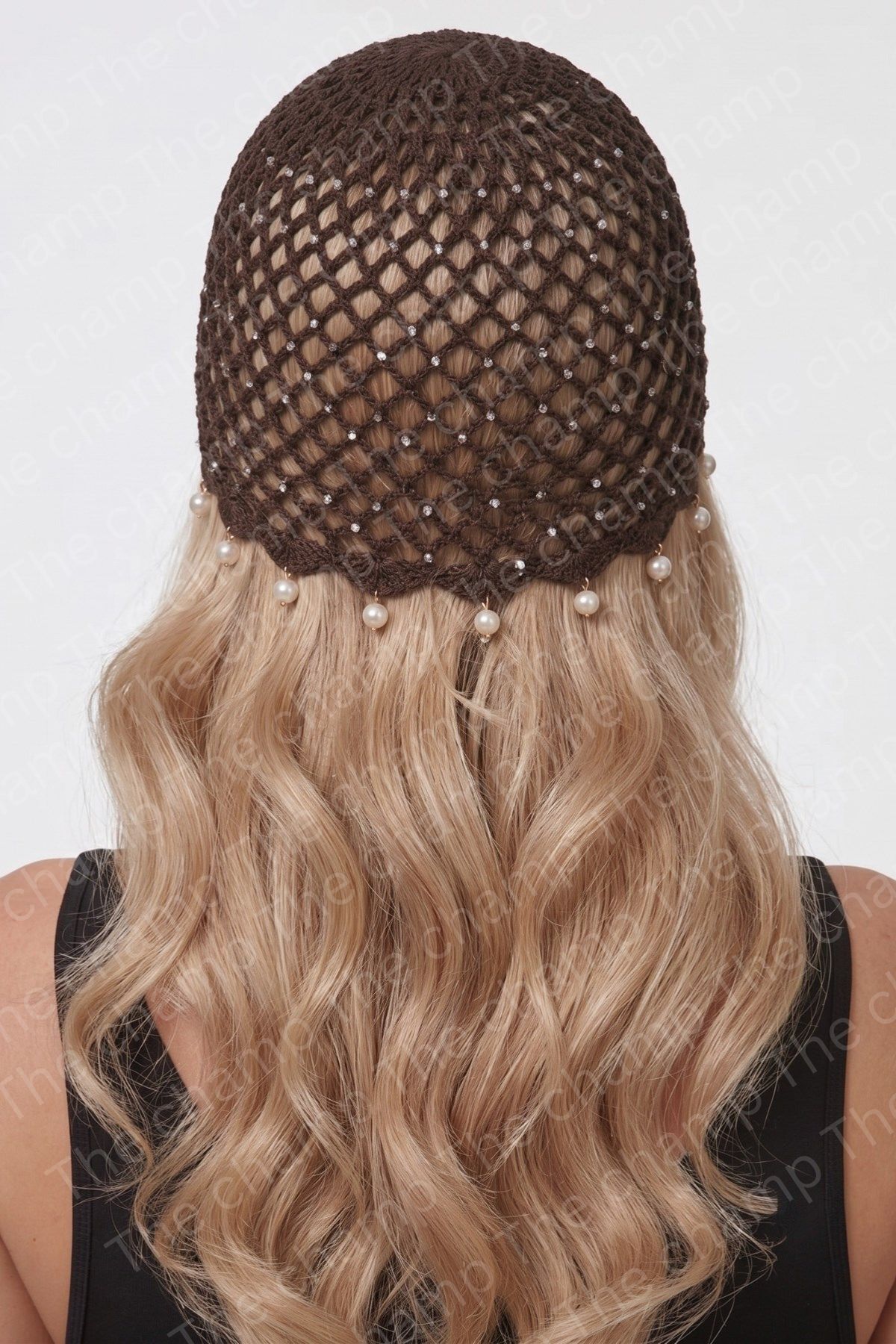 The Champ Clothing Kadın Örgü File Şapka Pearl Veil Kahverengi– İnci Detaylı Şık Saç Aksesuarı görsel 3