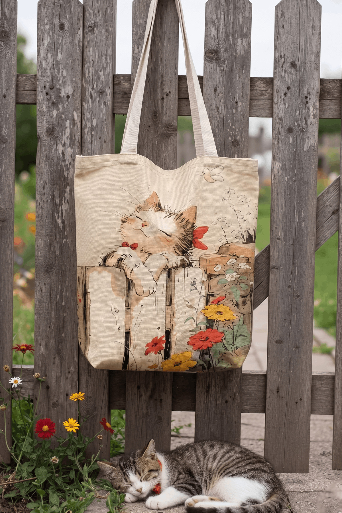 Canvas Peaceful Cat Printed Cloth Bag