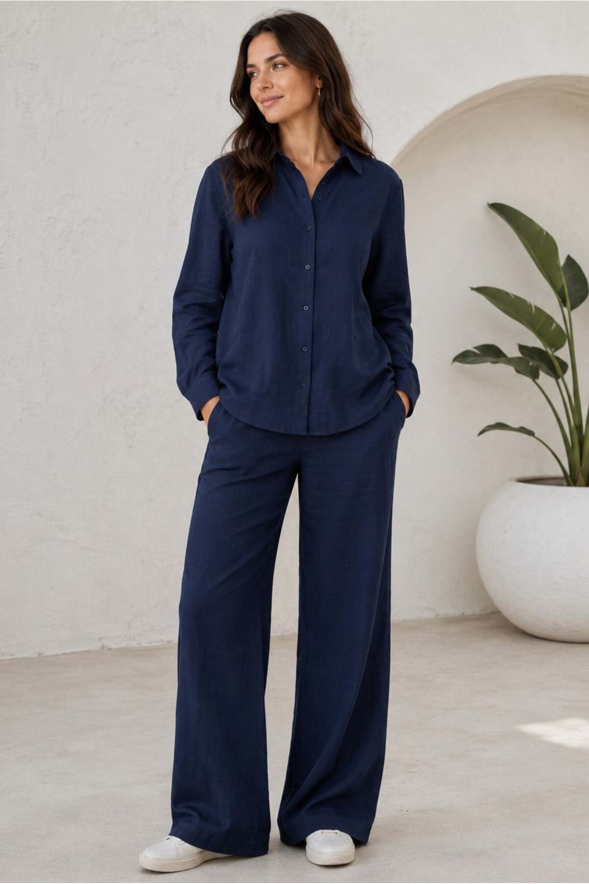 Navy Blue Basic Women's Shirt Pants 2 Piece Set Mg2352