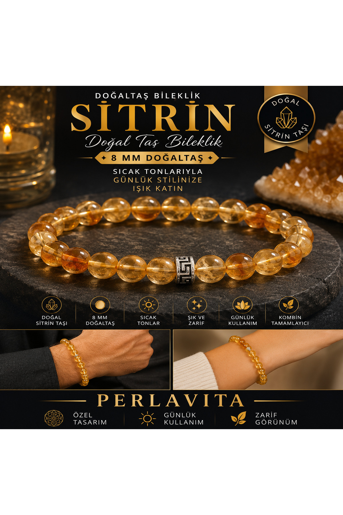 hmgtaş Perlavita Sitrin Doğal Taş Bileklik 8mm - Günlük Takı ve Hediye