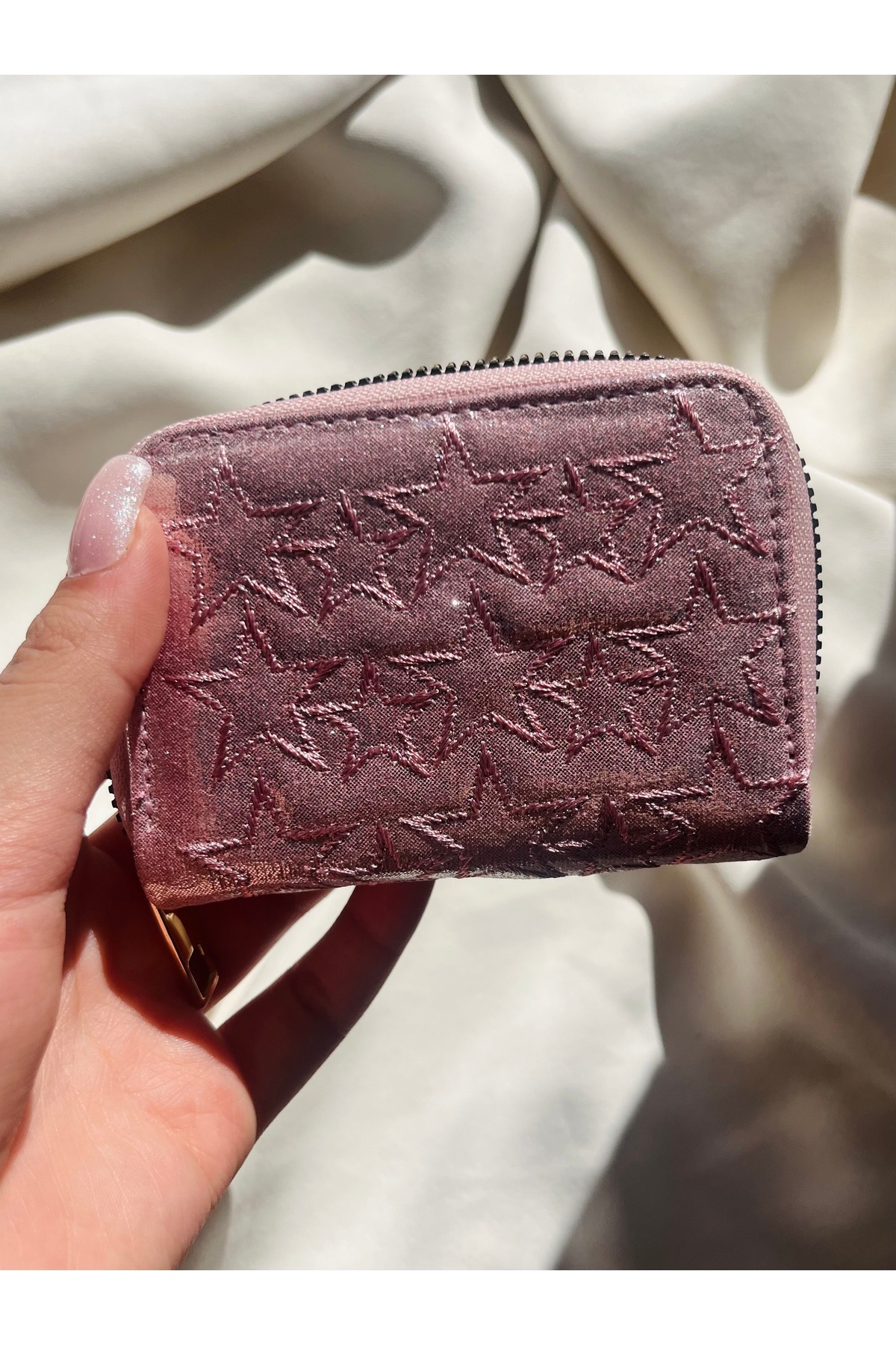 SANTA FLEX Yıldız Detaylı Pink Rose Küçük Boy Parlak Cüzdan (( Marteniçka Bileklik Hediyelidir !!))