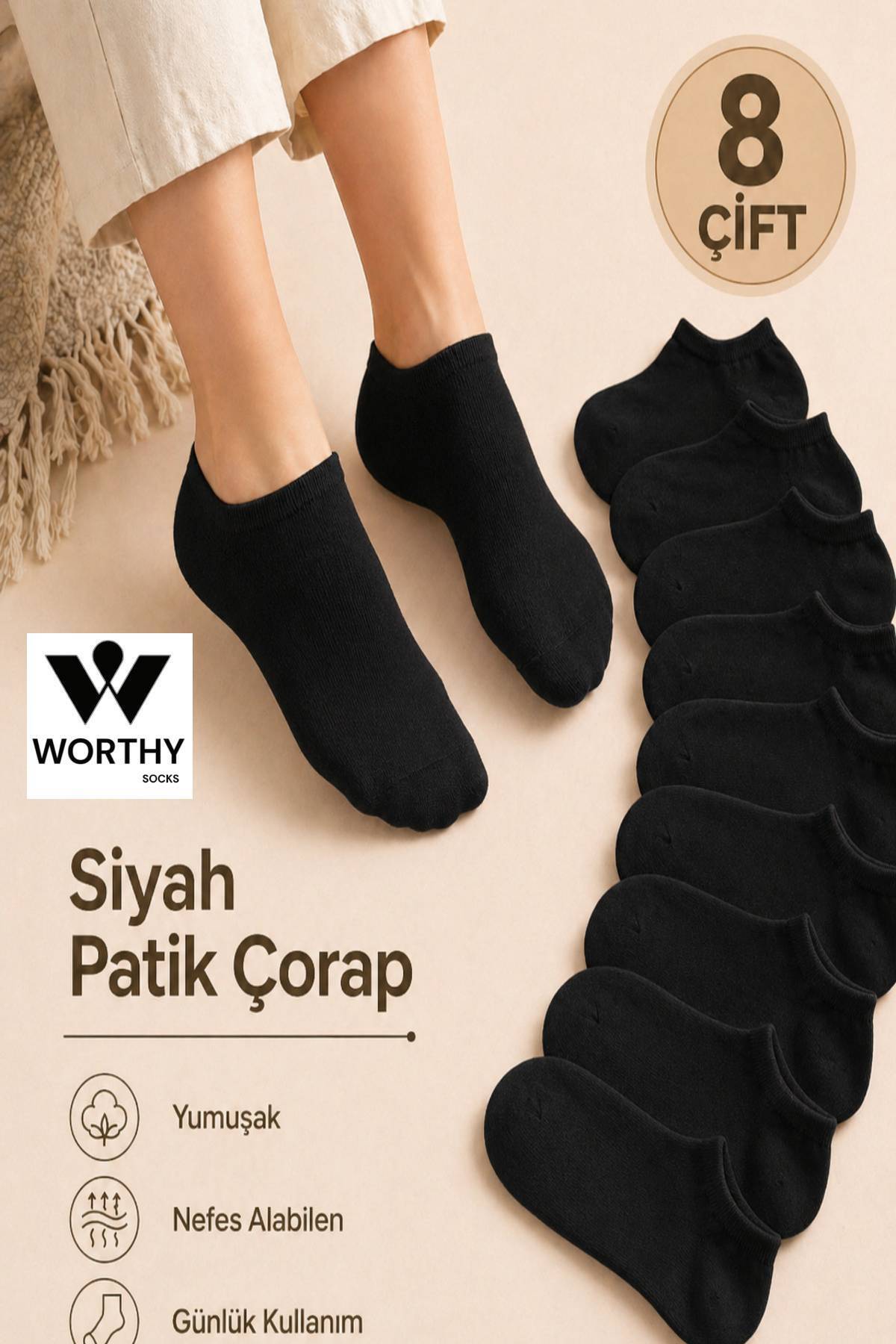WORTHY SOCKS 8 komada crnih kratkih čarapa za gležnjeve