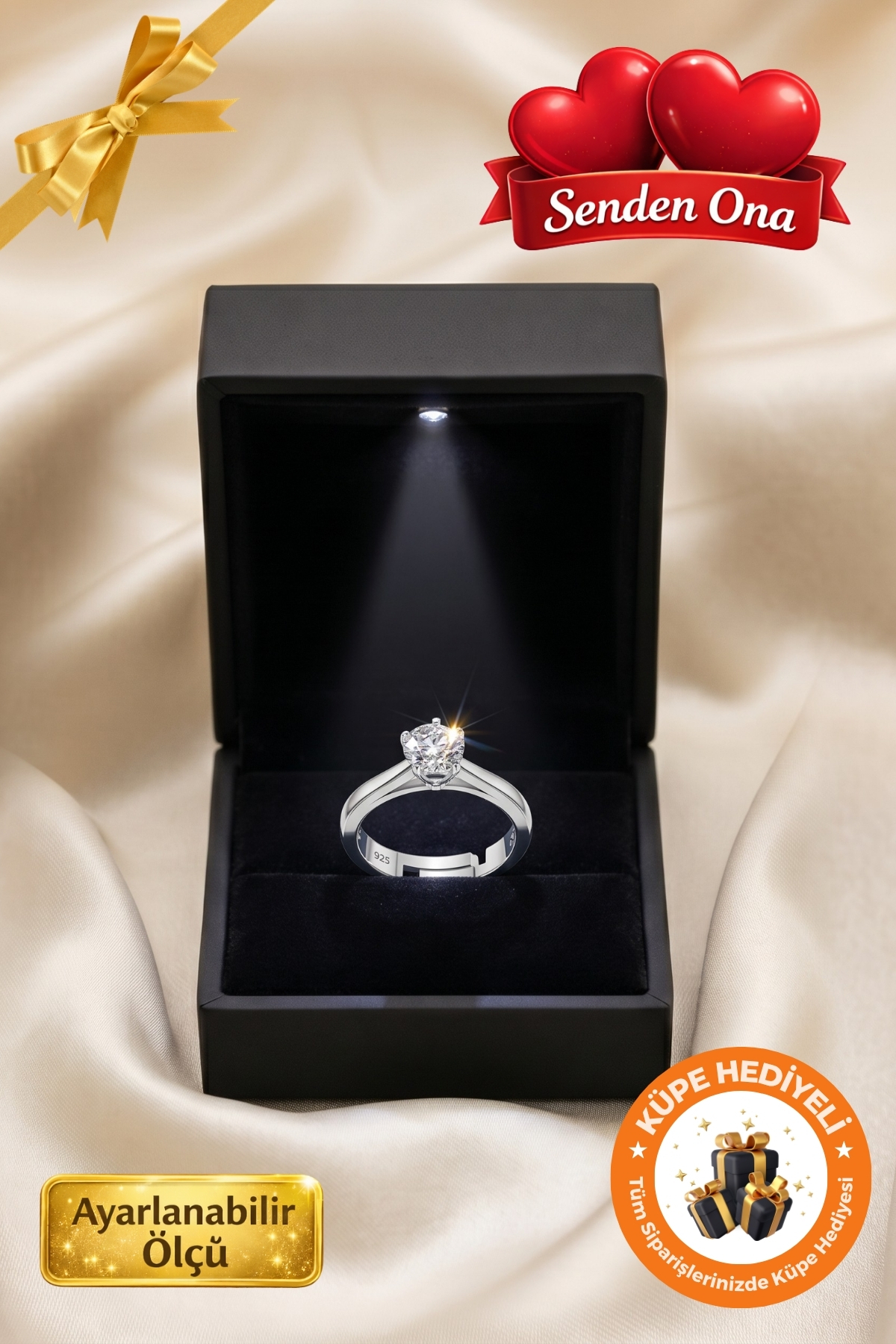 Lucente Jewellery Işıklı Hediye Kutulu Evlenme Teklifi Yüzüğü 925 Ayar Luxury Serisi Pırlanta Montürlü Tektaş Nişan Gümüş Sonsuz Aşk Simgesi Küpe Hediyeli Tek Taş Sevgiliye Evlilik Teklifi İçin Ayarlanabilir Yüzük
