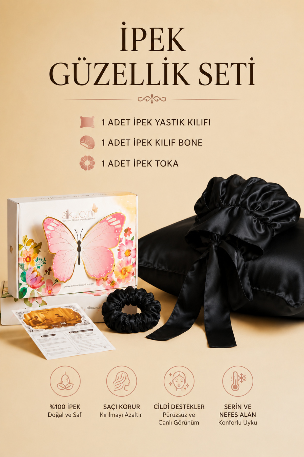 Silkworm Life 100% Silk Beauty Set โ Pillow Case (50x70) + Silk Bonnet + Silk Buckle | Hair & Skin Care Set