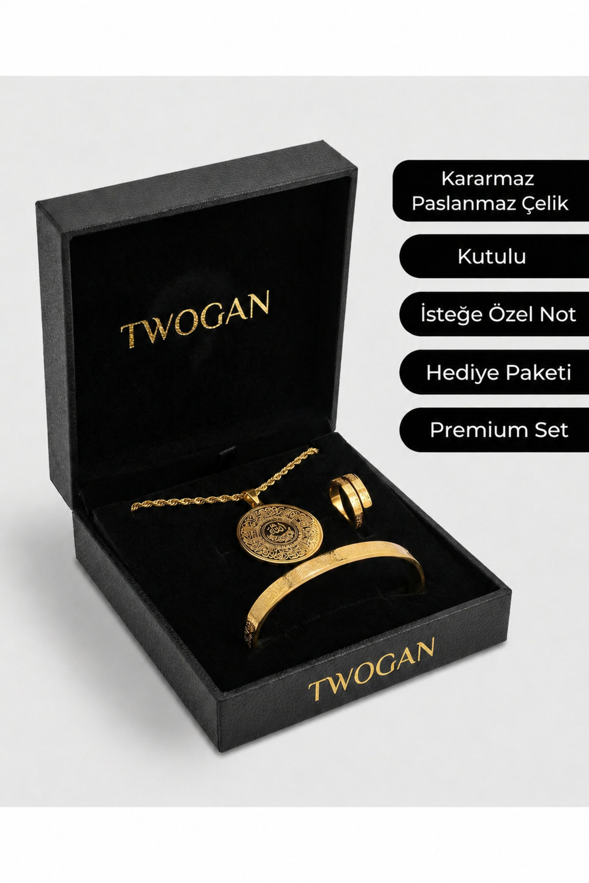 Verse Globe Steel Bracelet, Necklace, Ring Set, Gold Color