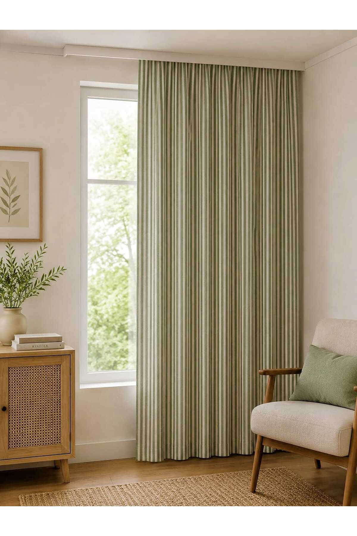 GREEN Striped Vintage Linen Curtain Pleatless Background Curtain (WIDTH X LENGTH) - ONE WING- Pleatless