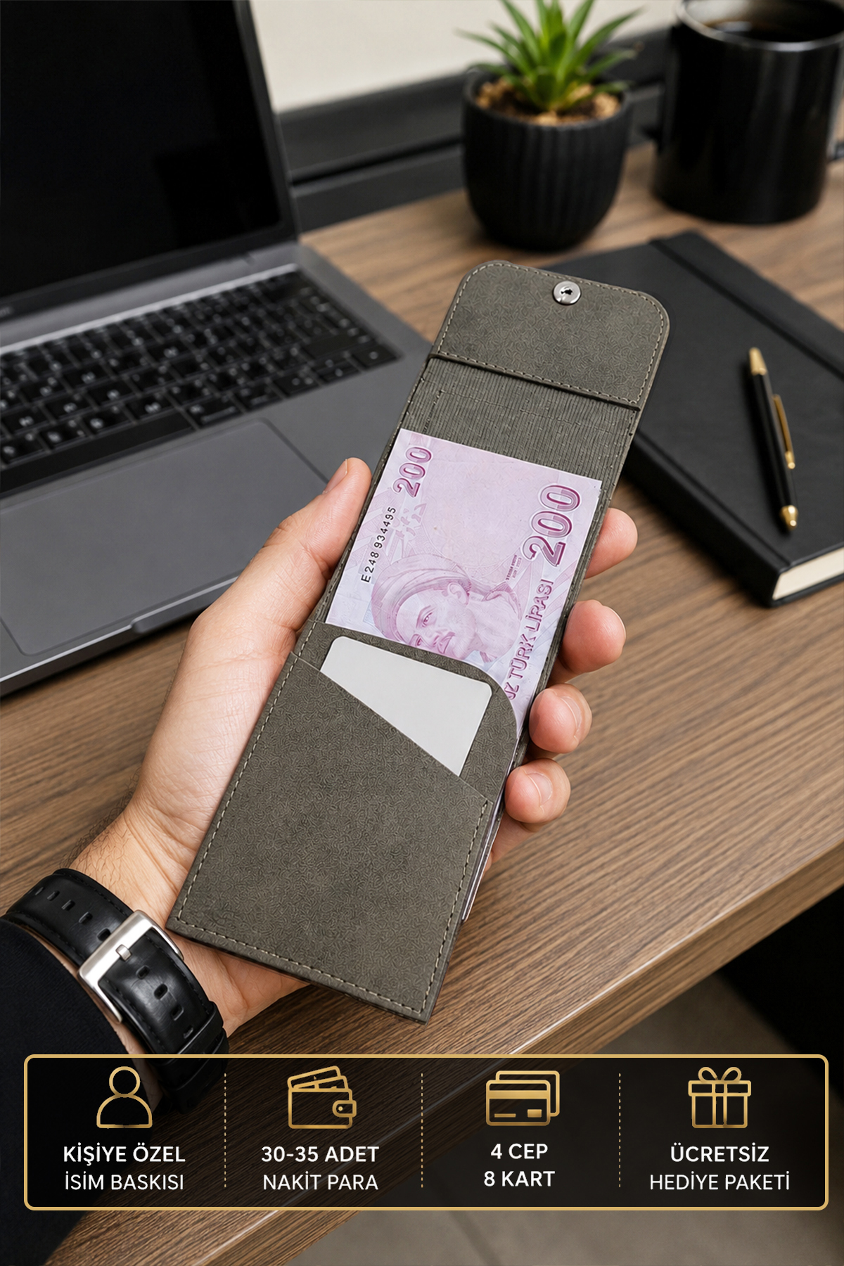 Morika Hotel & Home Textile Kişiselleştirilebilir Özel Tasarım Süet Suni Deri Erkek/Kadın Unisex Cüzdan - Haki görsel 2