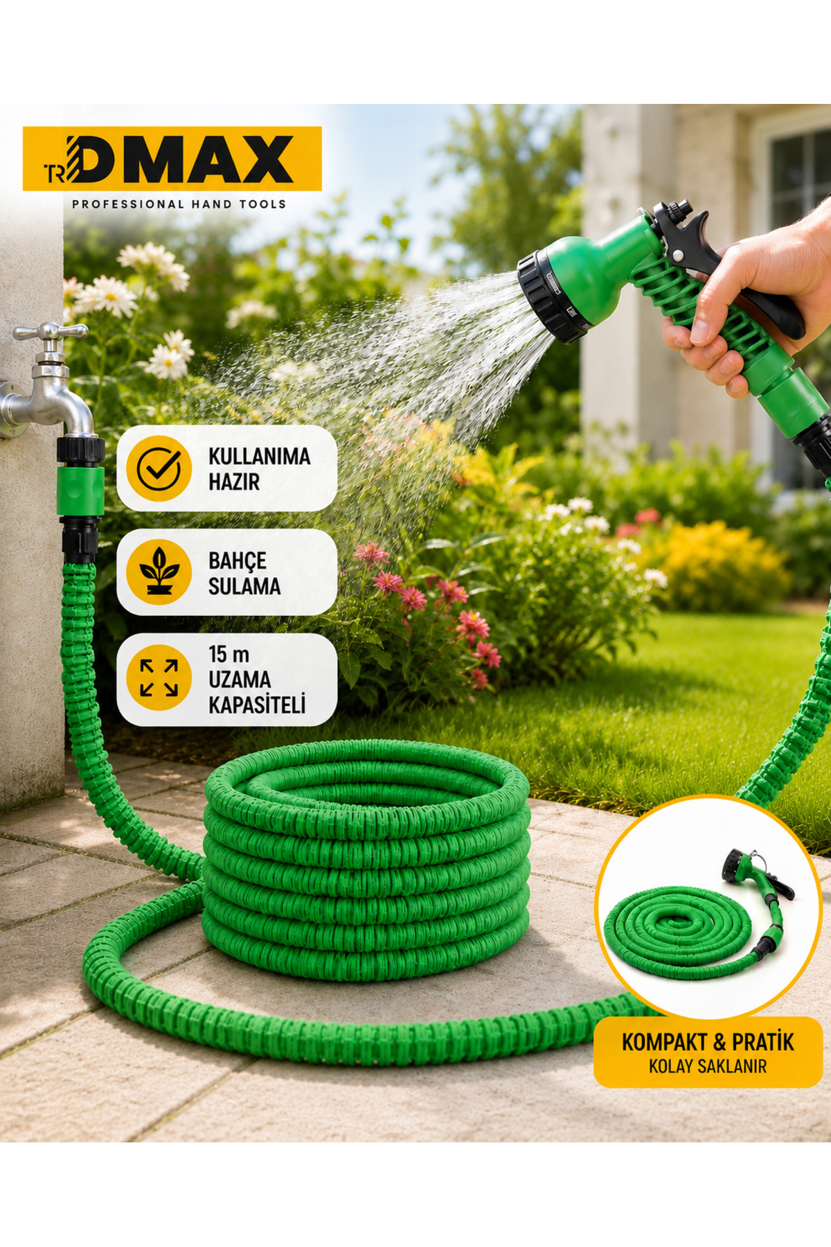 DMAX DMX-4412 Sihirli Hortumlu Sulama Tabancası 15 m Uzama