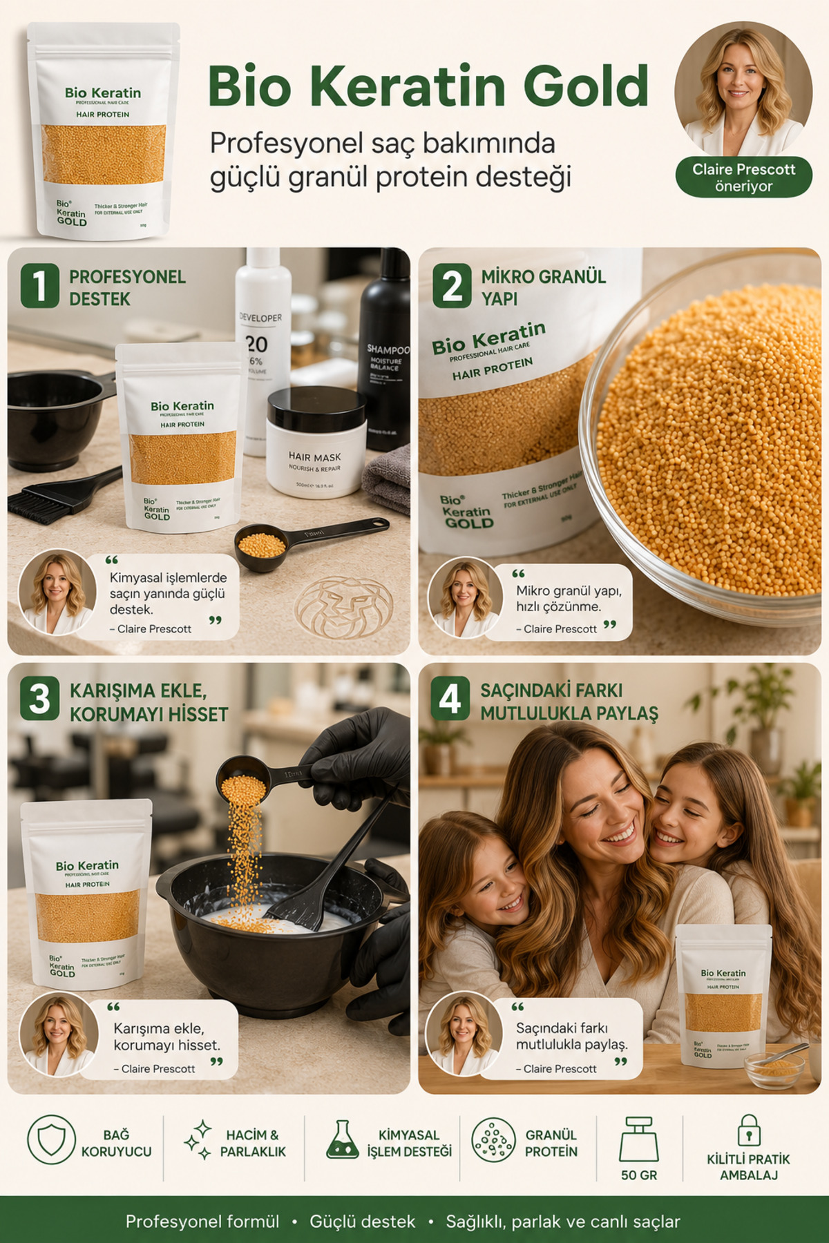 Bio Keratin Gold Profesyonel Saç Bakım Proteini 50 gr - Yıpranma Karşıtı Bağ Koruyucu, Oryal ve Boya İçi Granül Protein Tozu 722447 — 7430000722447 — تصویر 4 از 7