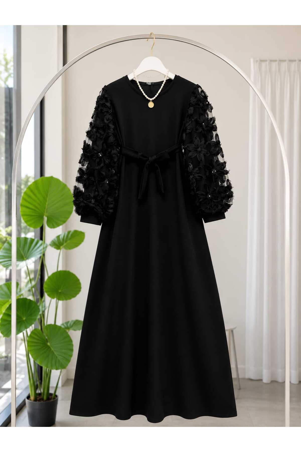 MODA VEDAT Kadın Kolları Tül Çiçek Detaylı Elbise - 7478