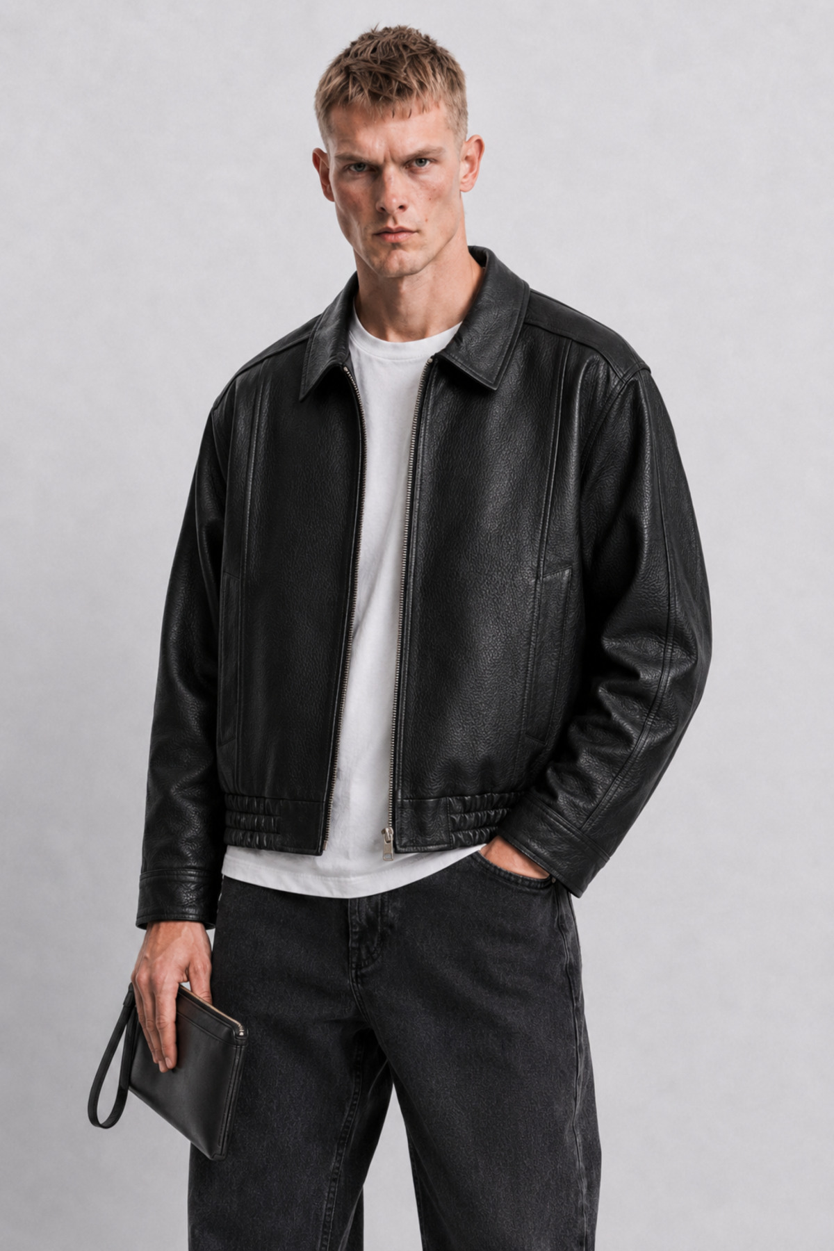 OHM OHEPMODA Oversize Rahat Kalıp Lastikli Erkek Deri Ceket görsel 4