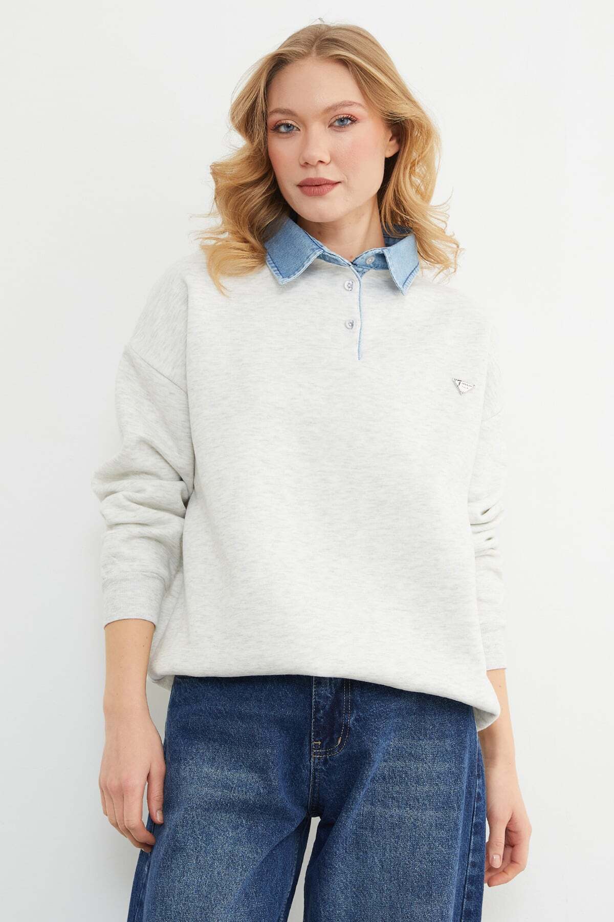 Fullamoda 3 İplik Kot g Paneled Sweatshirt with Metal Accessories