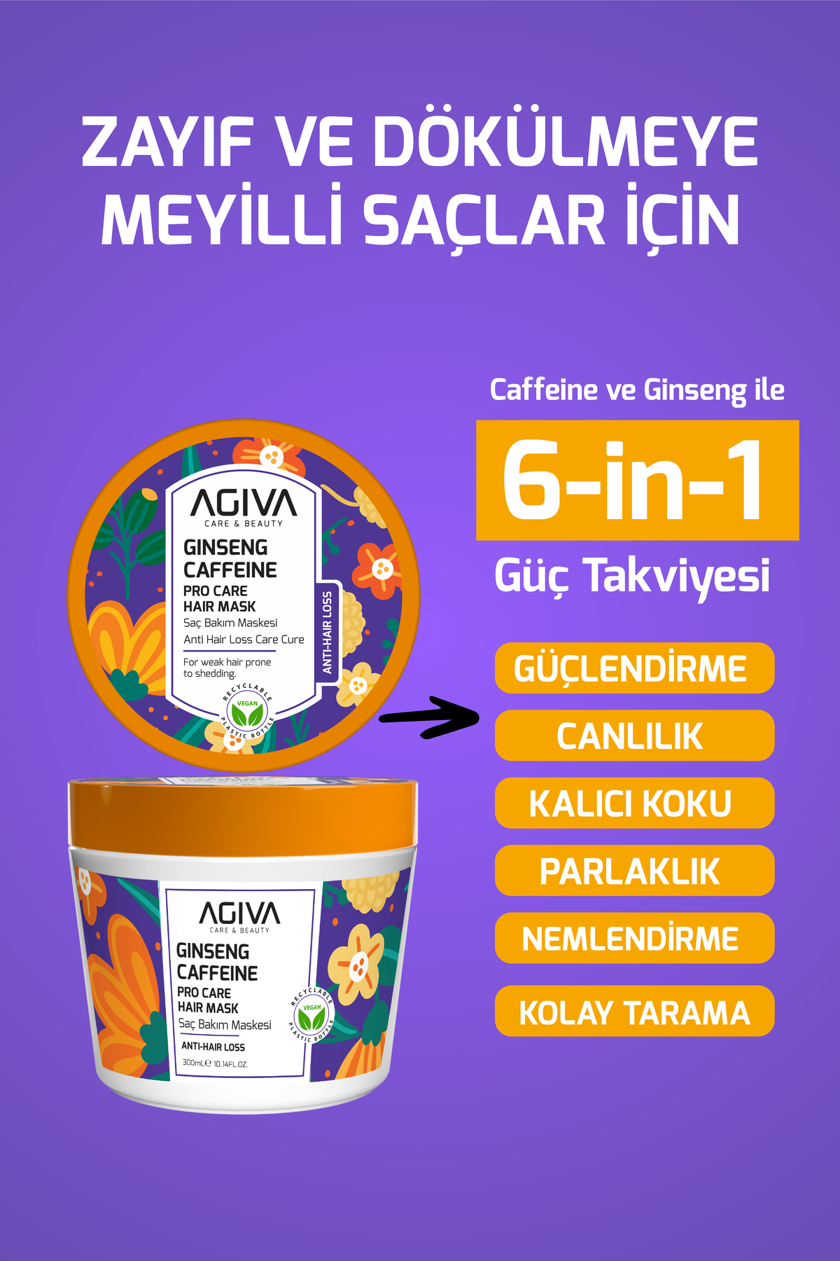 Caffeine Ginseng Zayıf ve Güçsüz Saçlar İçin Dökülme Karşıtı Saç Bakım Maskesi 300 ml - Vegan — COFFYMASKE — تصویر 2 از 6