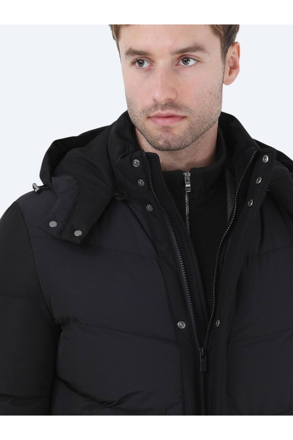 Kip Siyah Regular Fit Kapüşonlu Casual Dokuma Kaban görsel 4
