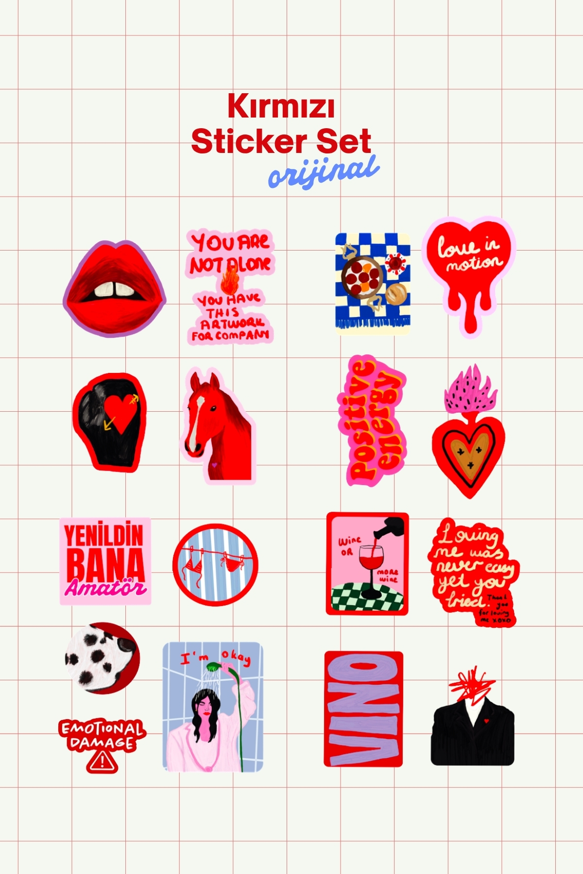 17'li Sticker Set Kırmızı Estetik Kolaj Modern Sanat Laptop Telefon Sticker
