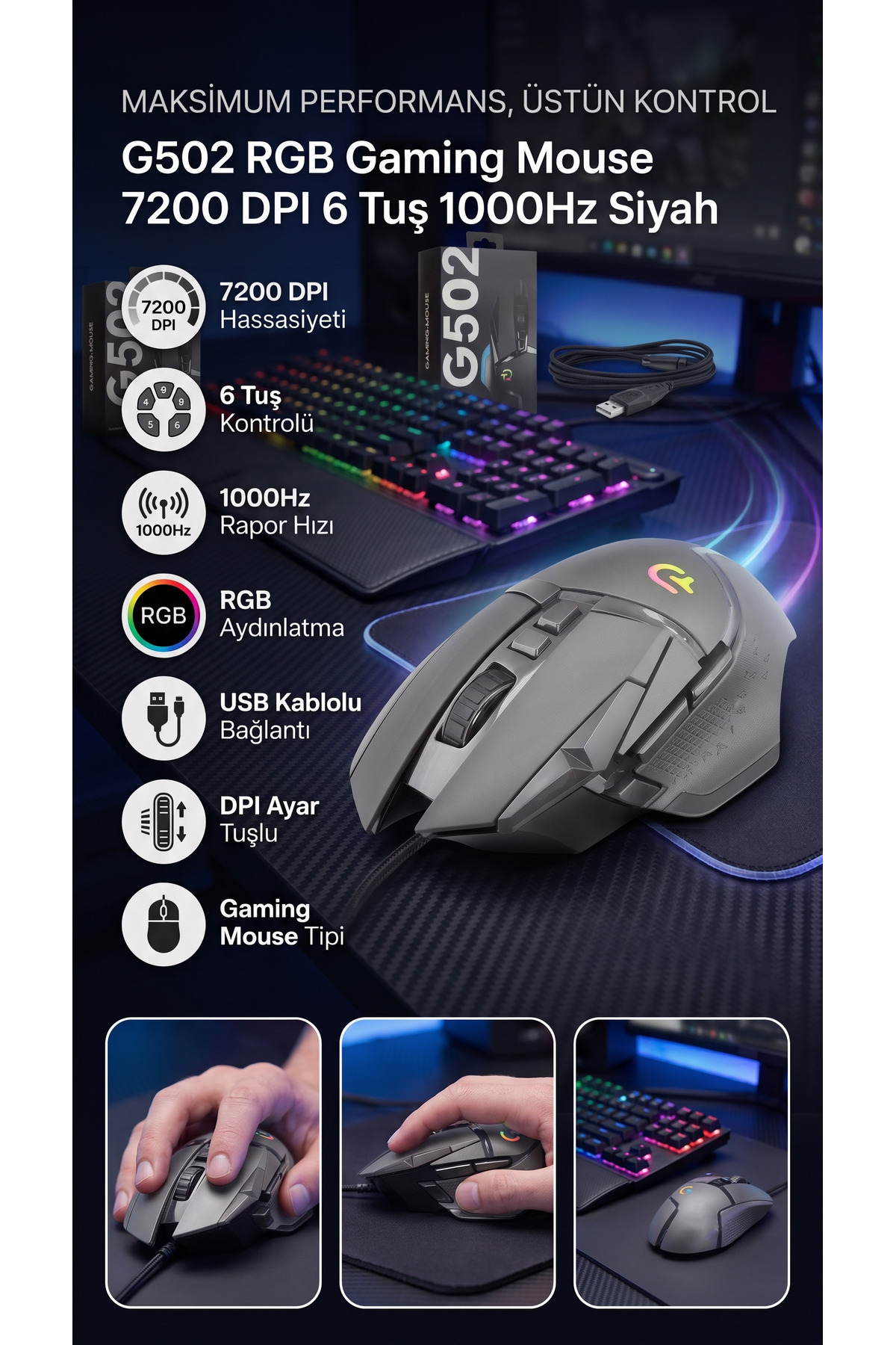 7200 DPI Rgb Işıklı Kablolu Gaming Oyuncu Mouse Ergonomik Yüksek Performanslı Siyah