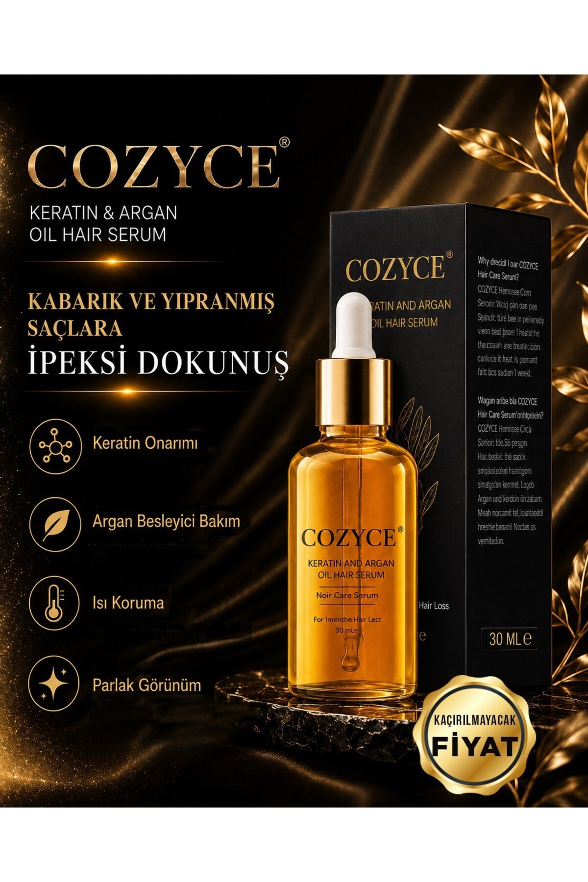 Saç Serum Yağı Aşırı Yanmış Yıpranmış Saçlar Için Hızlı Uzatan Keratin & Argan Bakım Yağı 30 ml — COZYCE3178