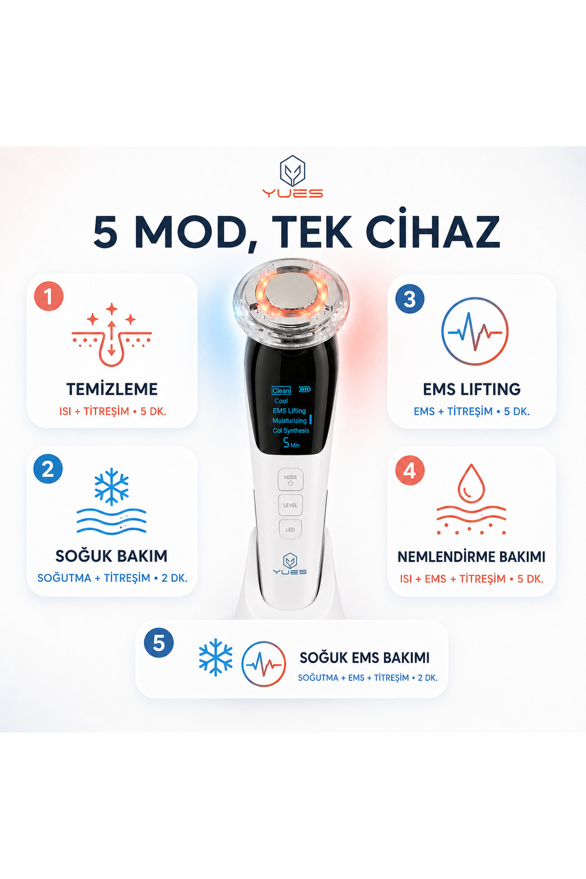Akıllı Güzellik Robotu – 5 Mod, Sıcak/Soğuk Kompres, EMS Mikro Akım, Cilt Temizleme & Germe — سفید D818 — تصویر 5 از 9
