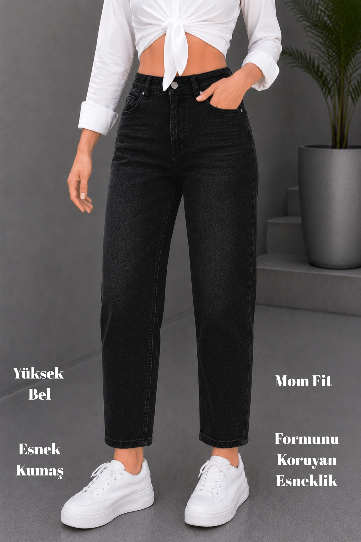 CEDY DENIM Mom Fit Jean Yüksek Bel Boyfriend Kesim Likralı Esnek Siyah Kadın Kot Pantolon C599