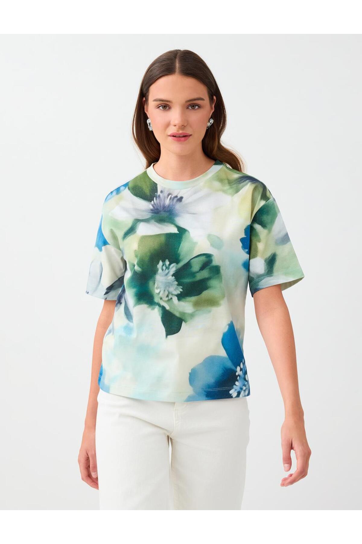 Jimmy Key Off-White 100% Cotton Floral Patterned Short Sleeve T-Shirt