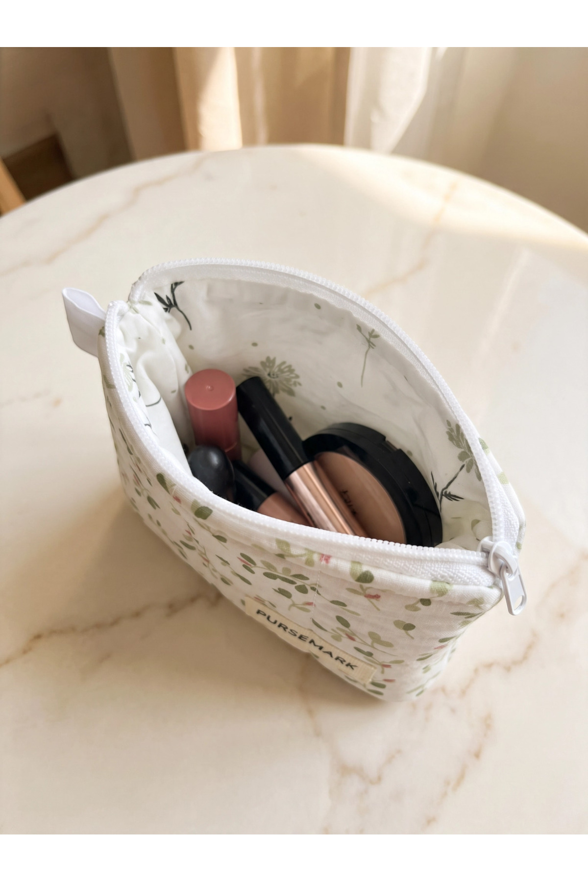 PURSEMARK Ekru Yeşil Çiçek Desenli El Yapımı Küçük Cüzdan görsel 6