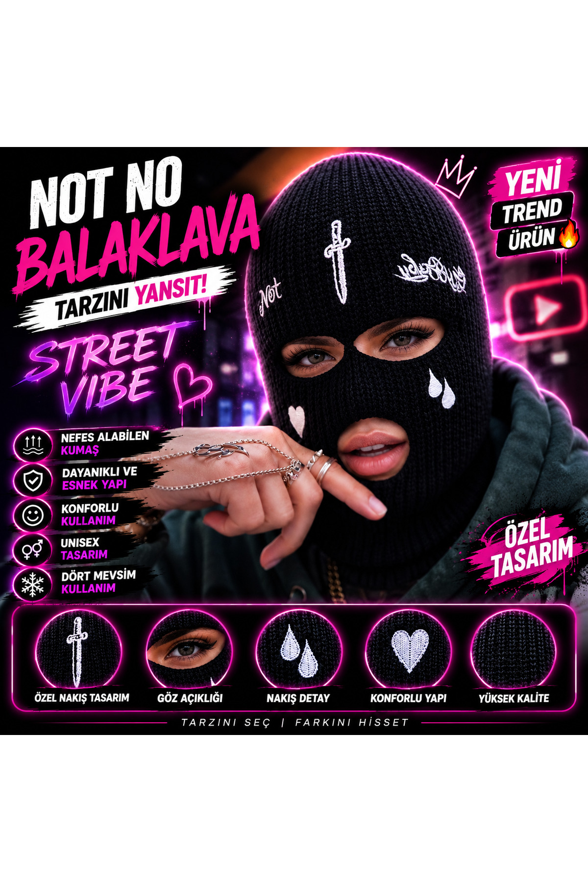 FG KONNİCHİWA Siyah Kılıç Nakışlı 3 Gözlü Kar Maskesi 2026 sezon Gotik Siyah Kar Maskesi (Balaclava), Unisex görsel 4