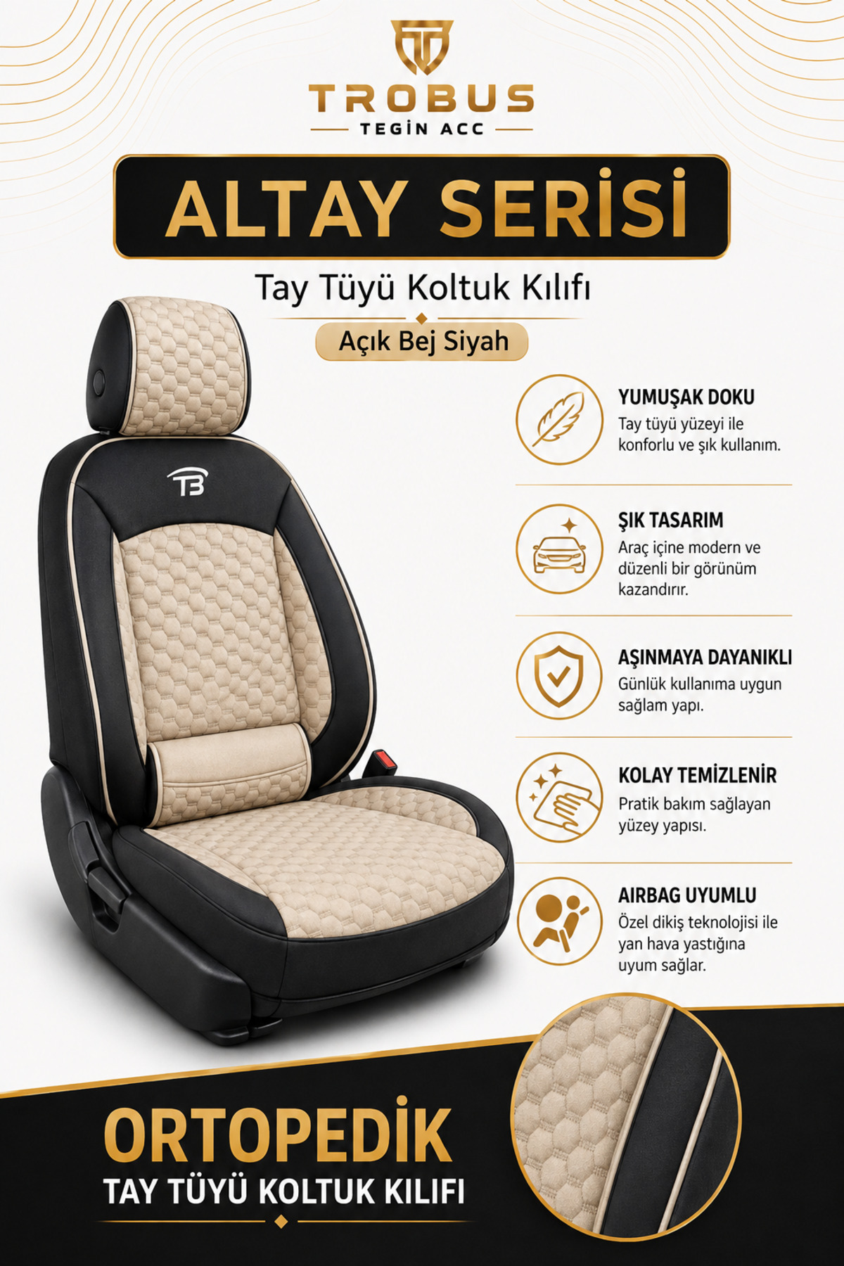 Fiat Punto 2005 ve Sonrası Uyumlu Altay Bel Destekli Tay Tüyü Bej Siyah Koltuk Kılıfı — alternatif görsel