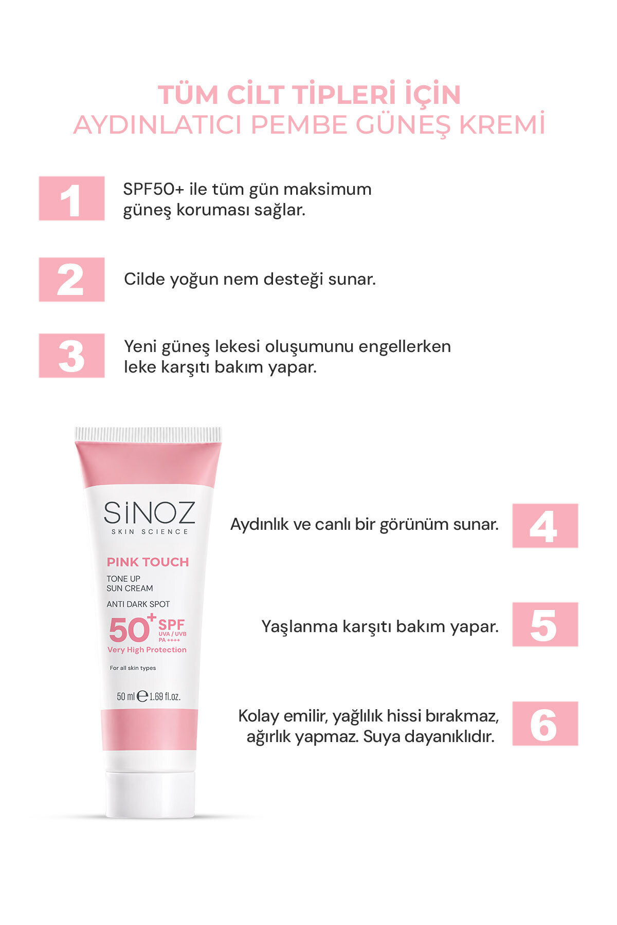 کرم ضد آفتاب روشن کننده صورت پینک تاچ با SPF50+ و PA++++ مناسب برای انواع پوست، 50 میلی لیتر — ST9423 — تصویر 3 از 8