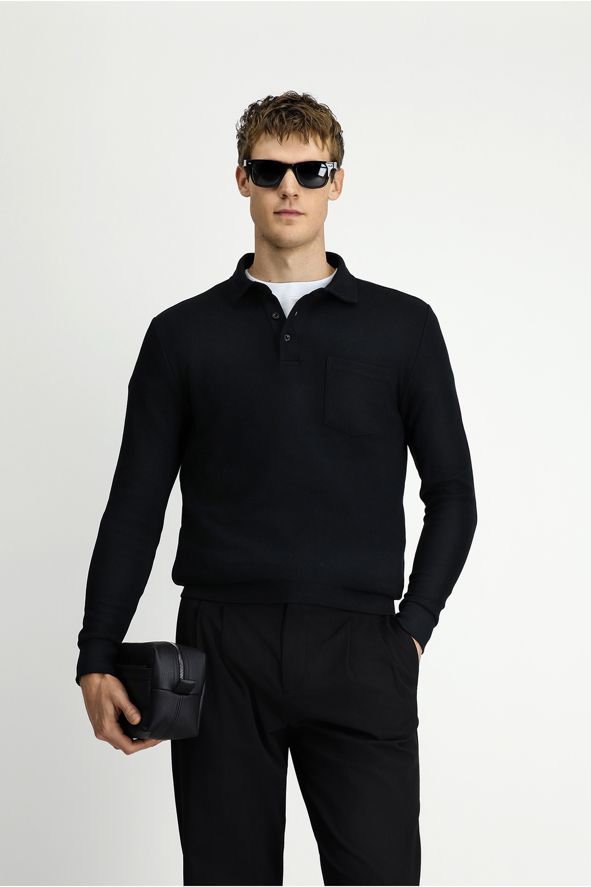 Kiğılı Polo Yaka Regular Fit Desenli Cepli Pamuk Sweatshirt — مشکی KK26CBC0AR001