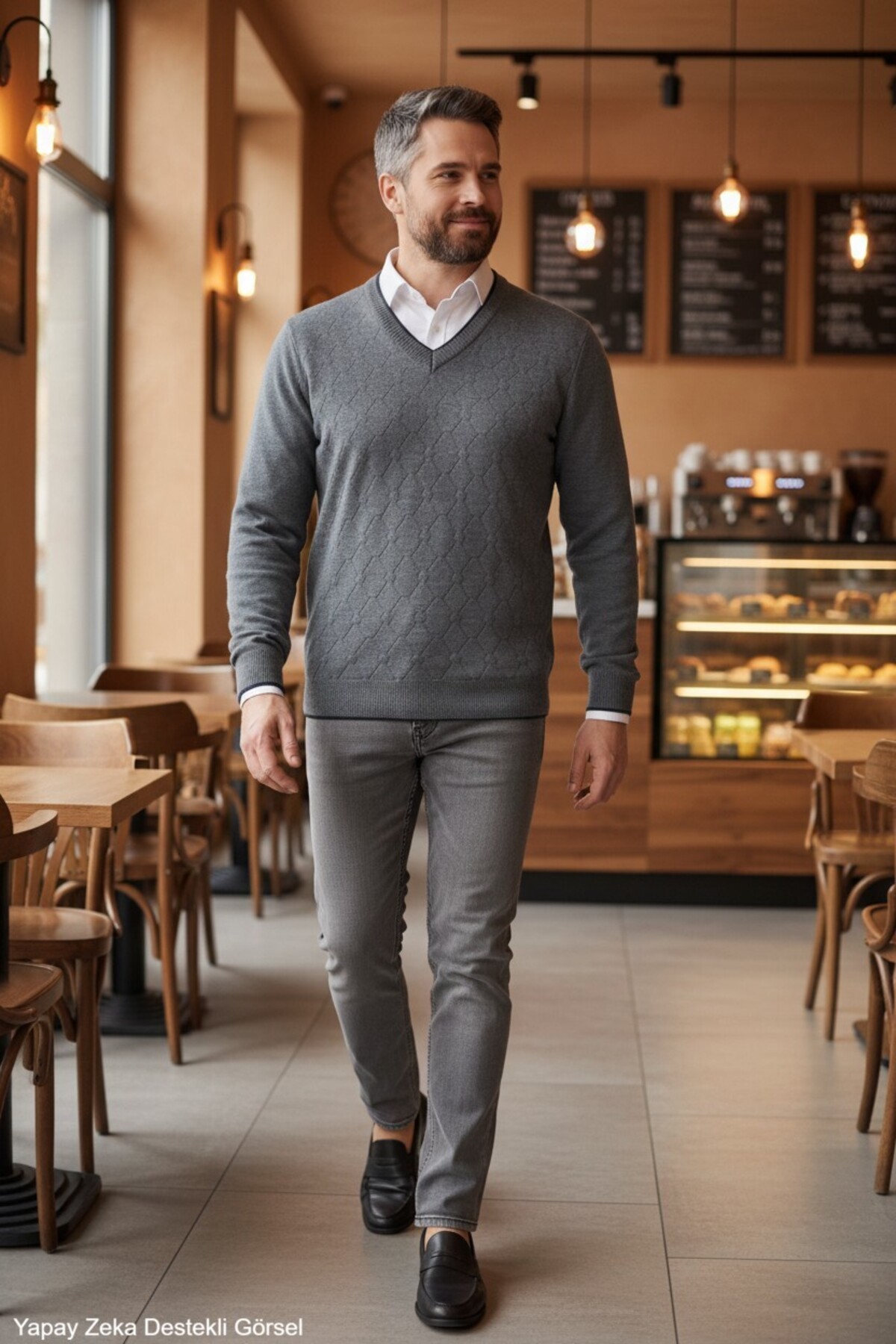 ژاکت بافتنی با یقه V-Neck Standard Fit — خاکستری kml501vyaka — تصویر 6 از 8