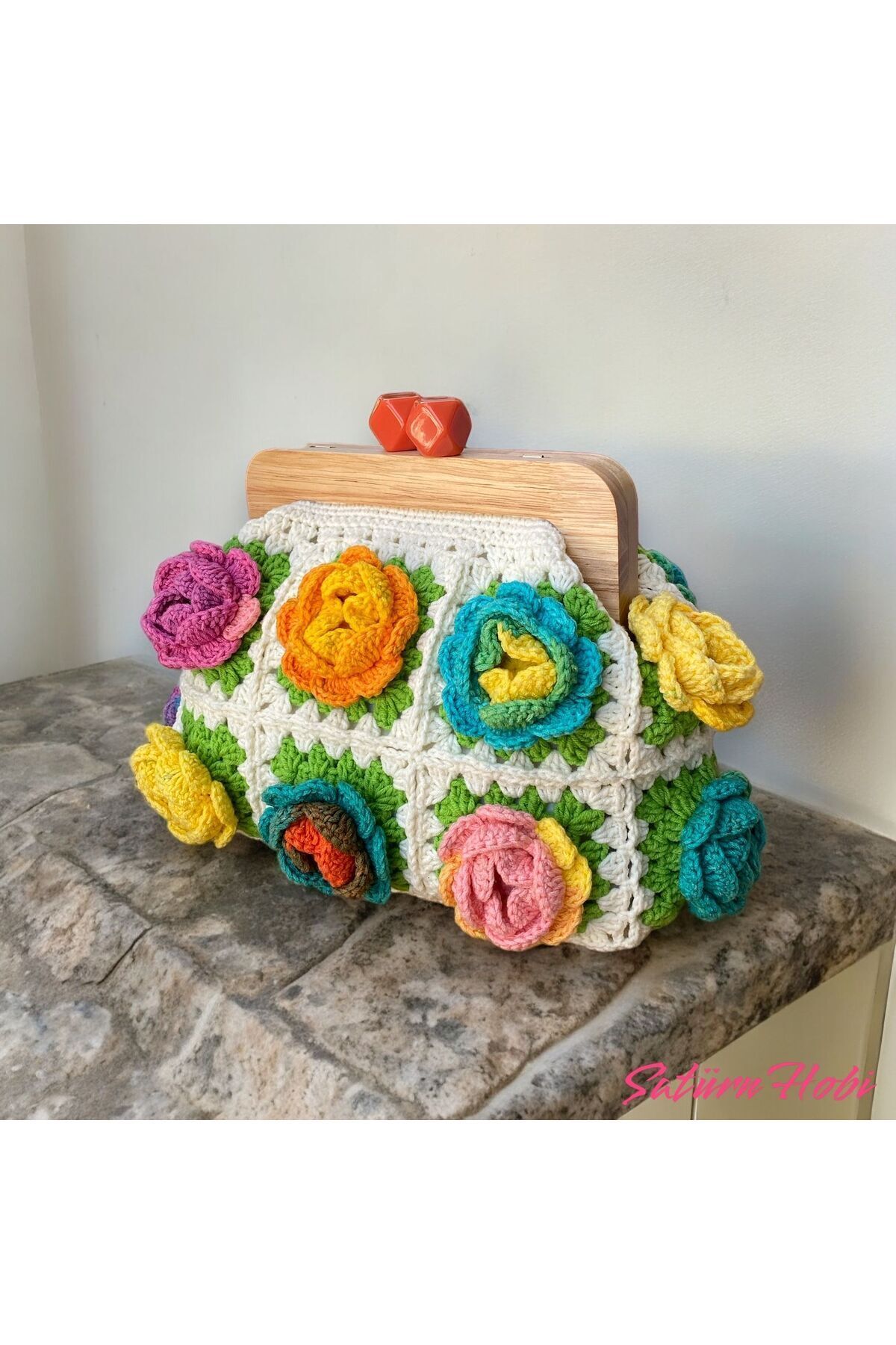 Satürn Hobi Örgü Ahşap Burslu Gül Motifli Clutch Çanta görsel 3