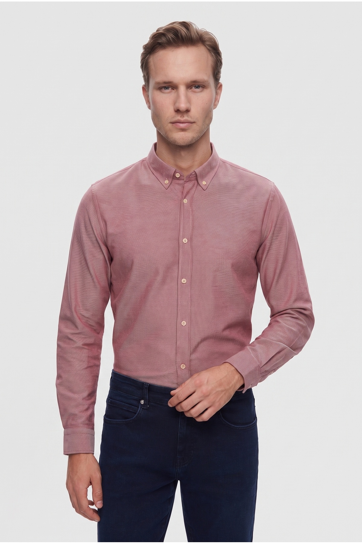 D'S Damat Ds Damat Slim Fit Bordo Armürlü Düğmeli Yaka Pamuklu Gömlek