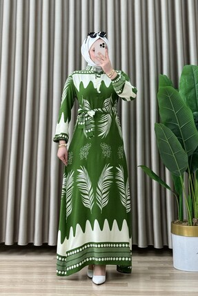 mercan moda Nursel Elbise Viskon Kumaş Kadın Çimen Yeşili Yaka Düğme Detaylı ...