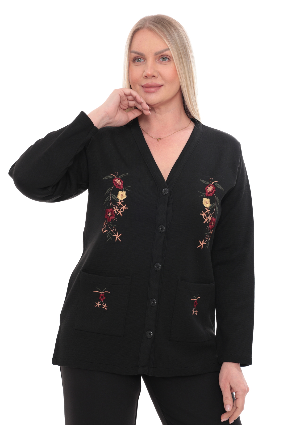 Rose Embroidered Winter Thick Steel Knit Buttoned Pocket Knitwear Mother Cardigan Jacket