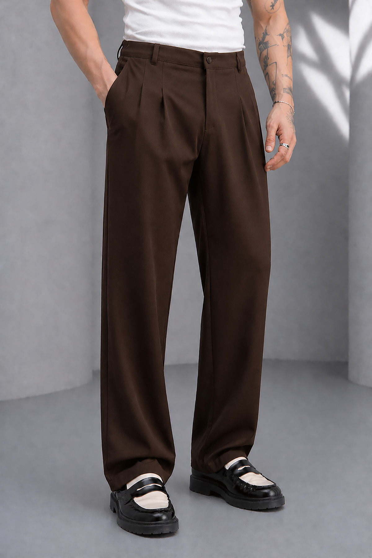 Men's Brown ZRA Model Pleated Wide Leg Fabric Pants Oversized Casual Cut