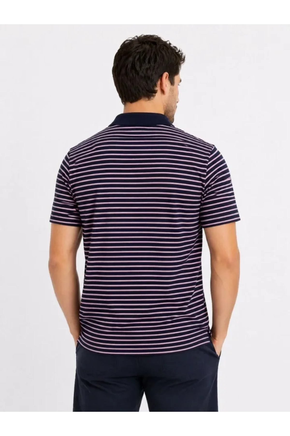 Erkek Pike Kumaş Gül Kurusu Çizgili Polo Yaka Tişört Kısa Kol T-Shirt - Siyah