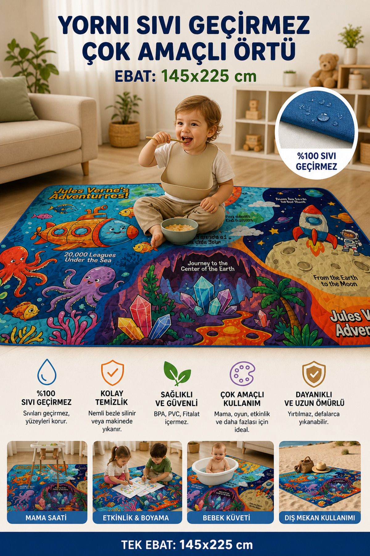 Licensed Jules Vernes Pattern, Size 145x225cm, 100% Liquid-Proof Multipurpose Cover, Machine Washable