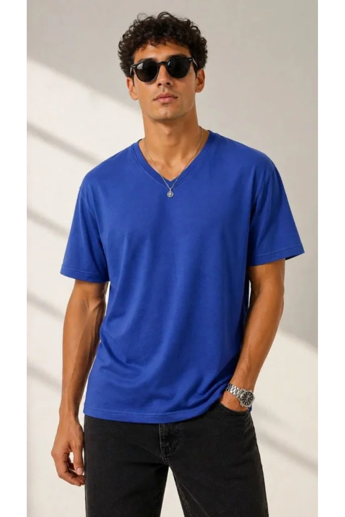Erkek V Yaka Basic Tişört Kısa Kol Yazlık Regular Fit T-Shirt - Saks Mavisi