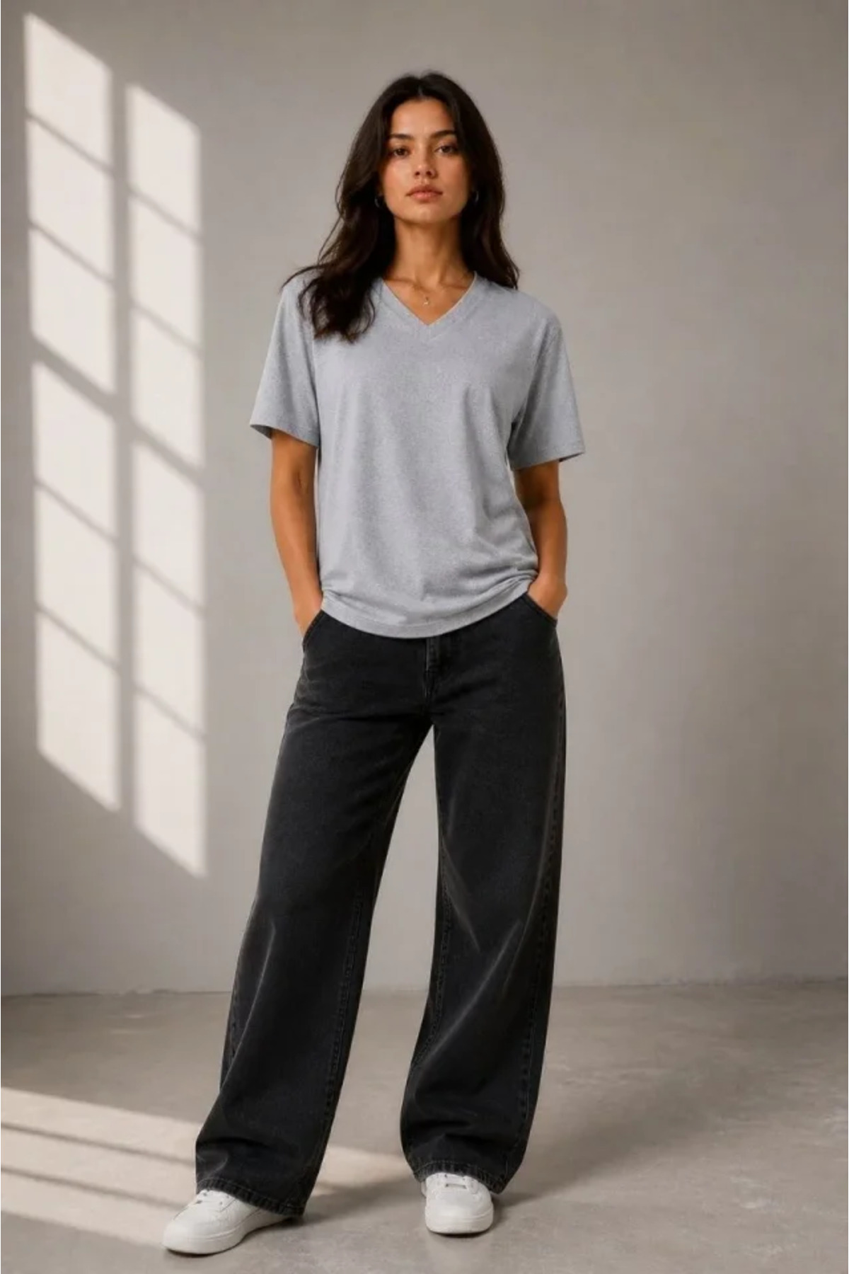 V Yaka Basic Tişört Kısa Kol Yazlık Regular Fit T-Shirt - Gri alternatif görünüm