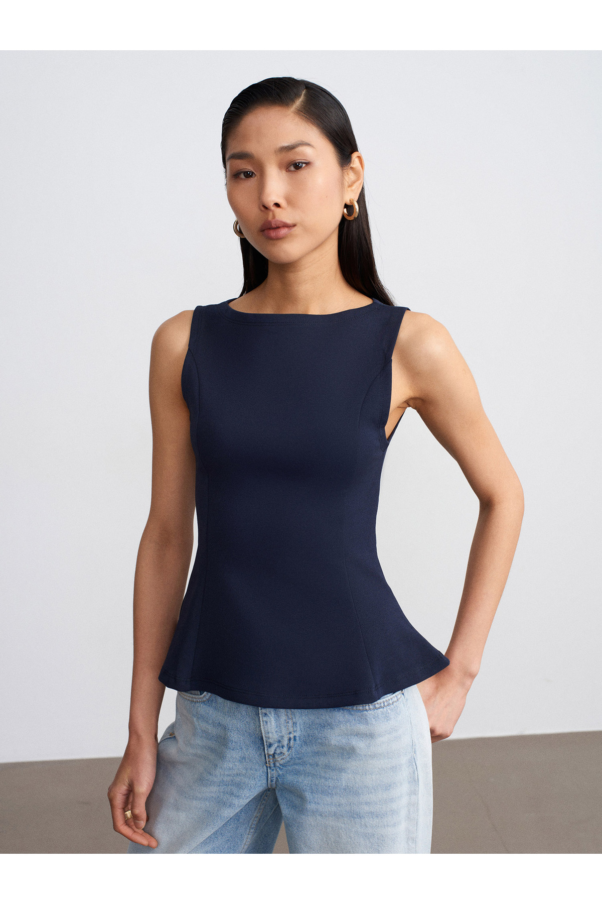 21001 Boat Neck Peplum Top-K. Navy Blue