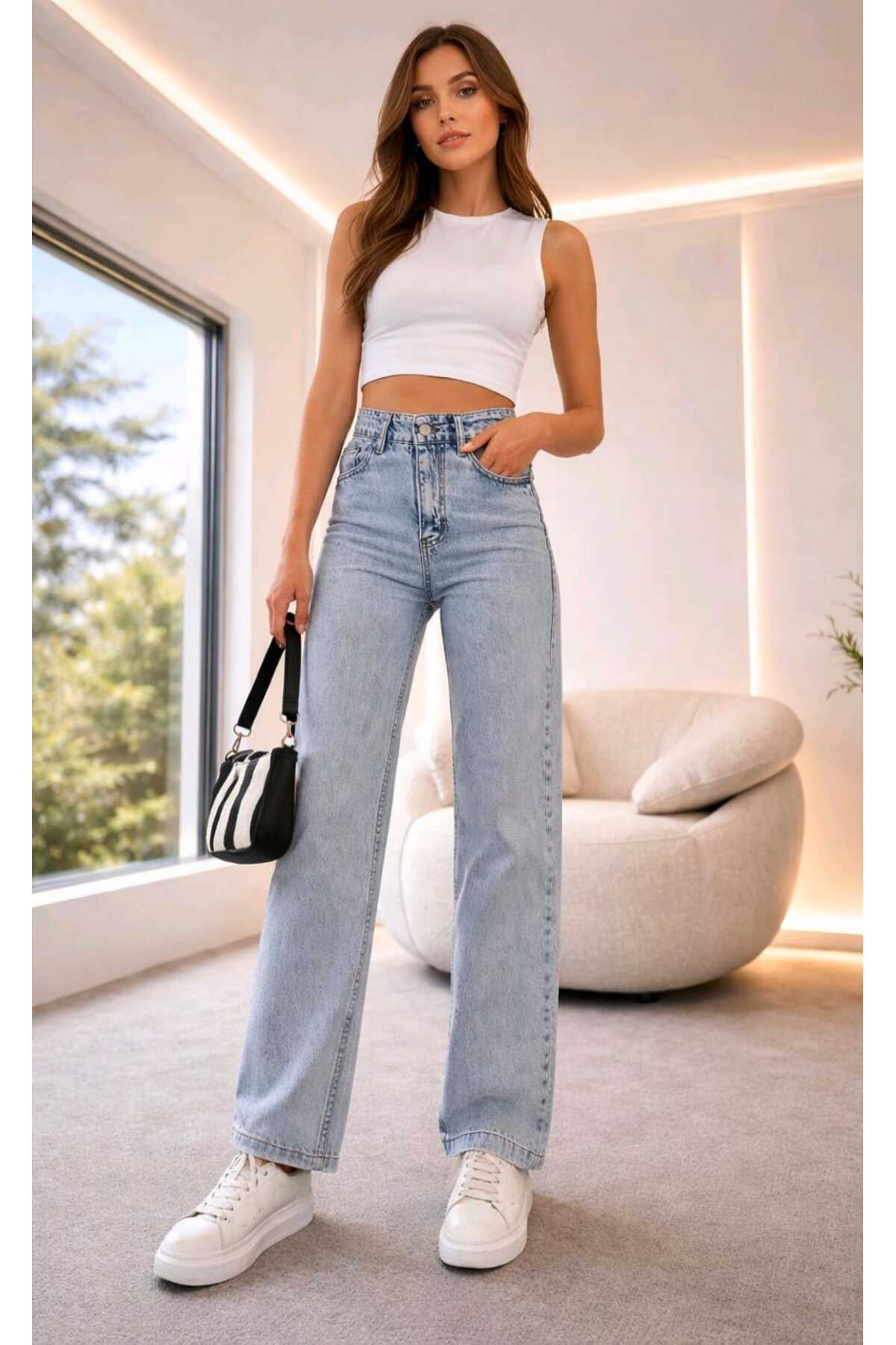 Meyraa Women's Ice Snow Lycra Super High Waist Loose Jeans Palazzo Pants