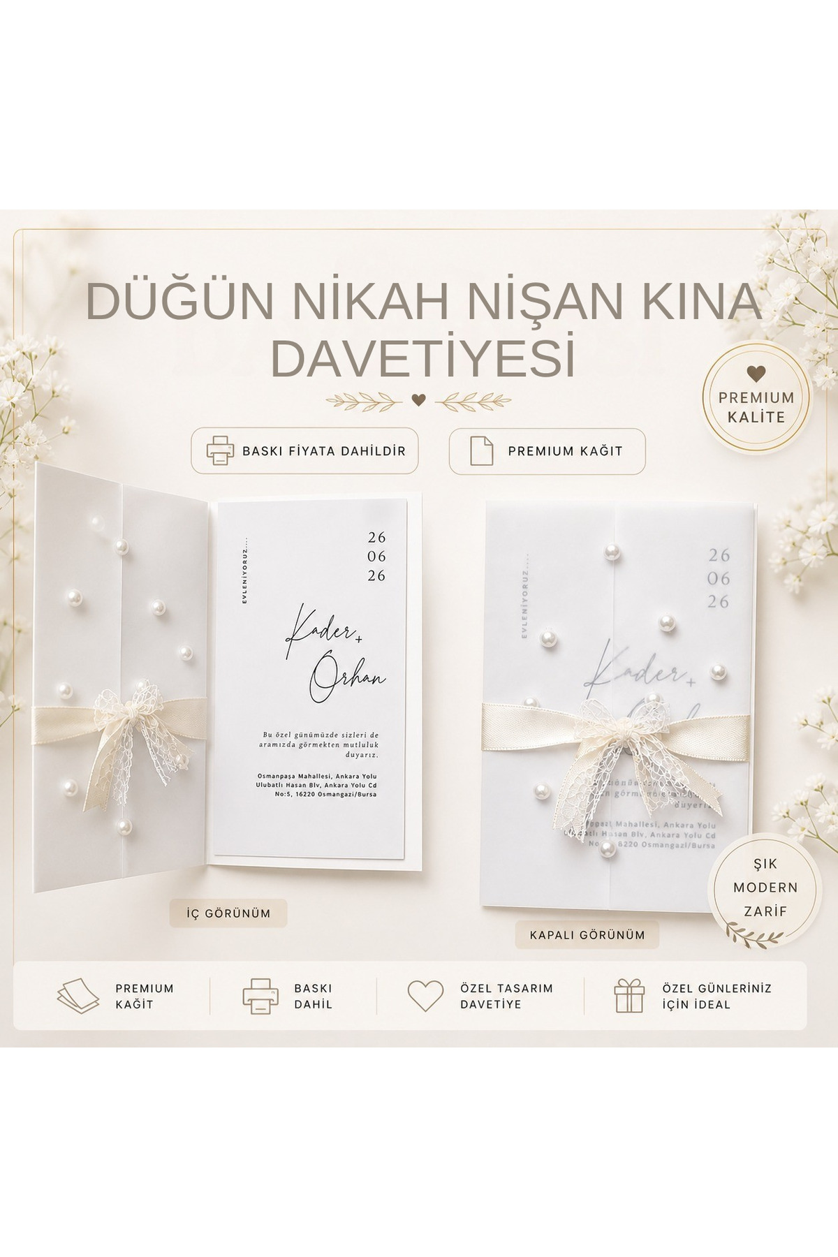 50 Adet Baskı Dahil Şeffaf Zarflı Lüks Davetiye | İnci Dantel Saten Kurdeleli Özel Tasarım