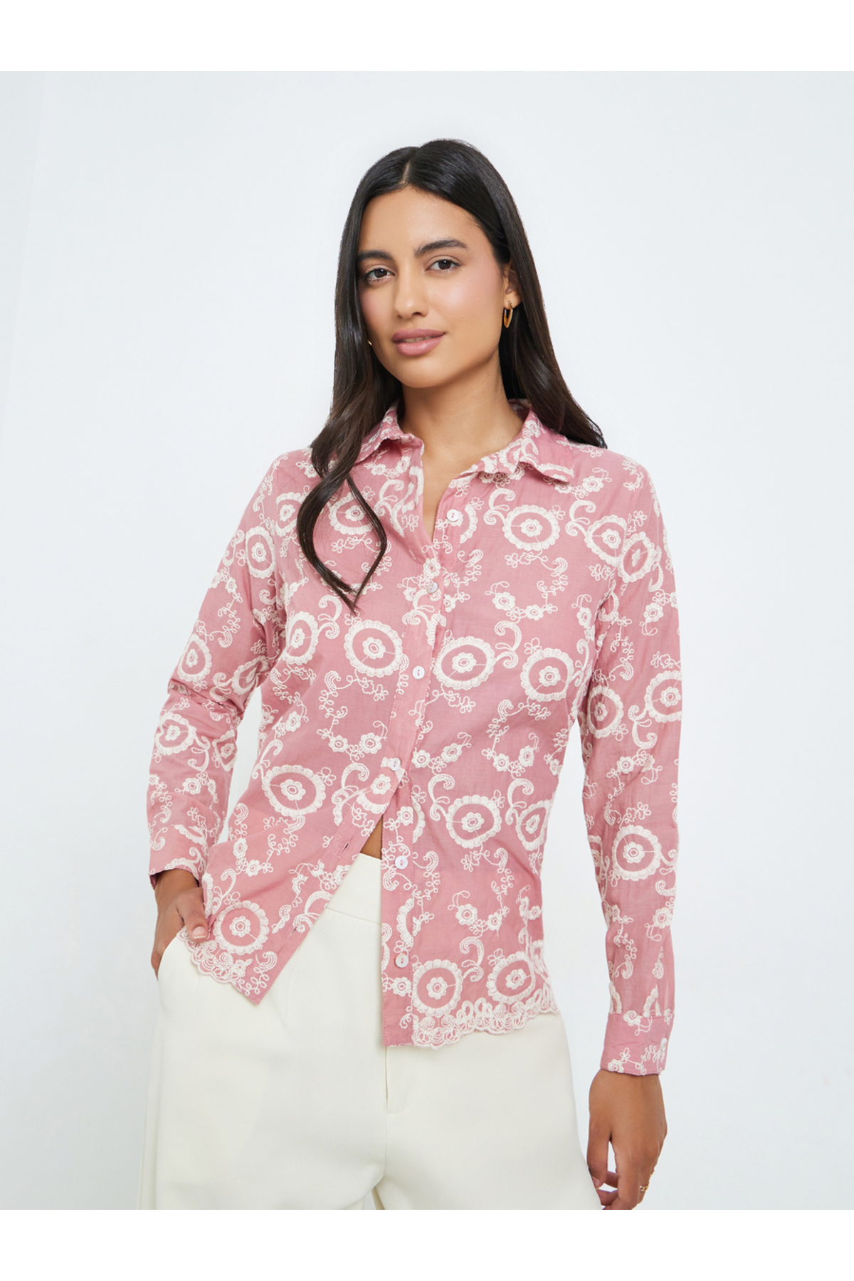 Styli Pink Embroidered Cotton Regular Fit Shirt